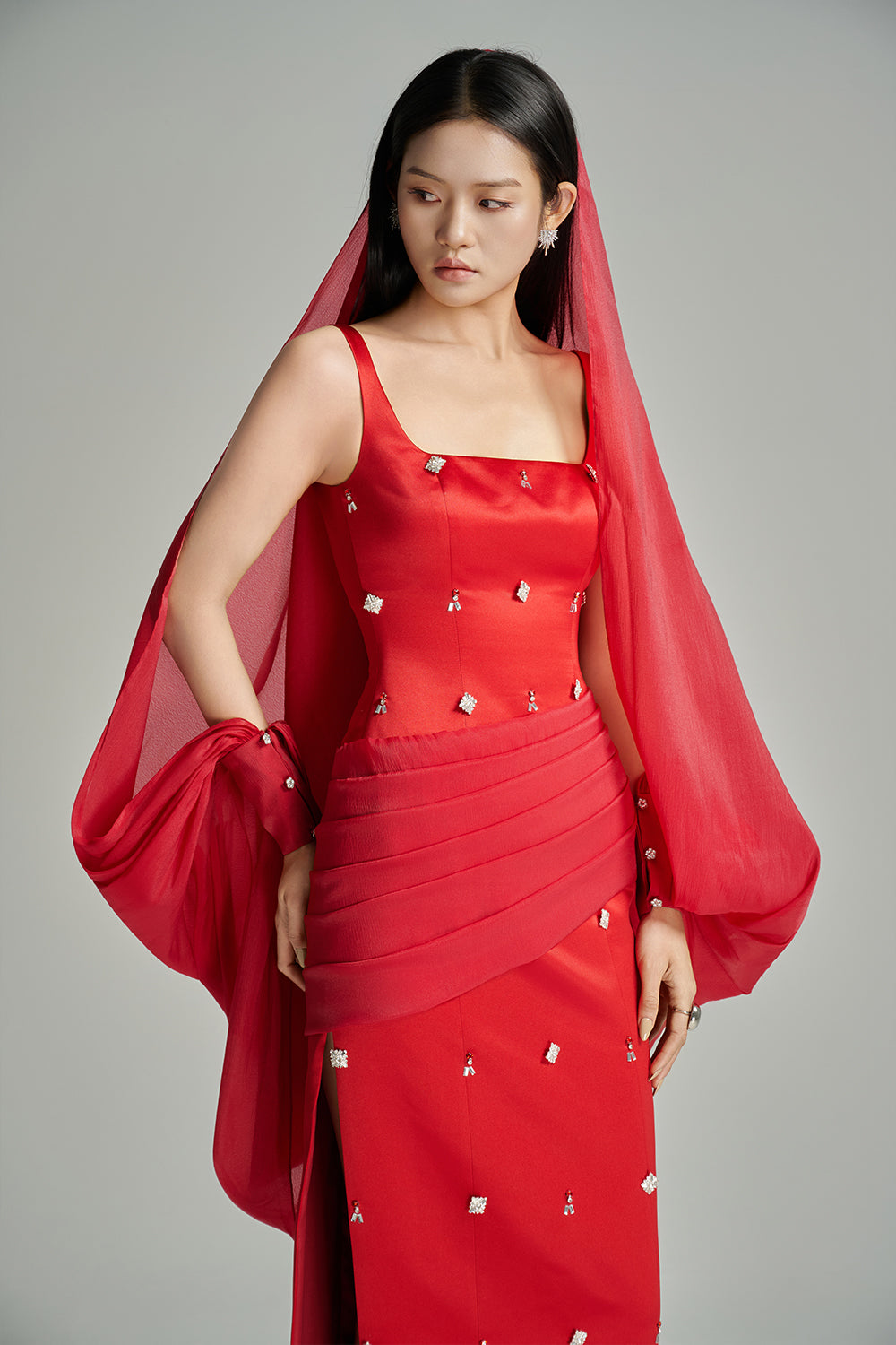 Sylvia Sheath Square Neck Twill Floor Length Dress