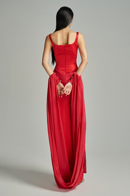 Sylvia Sheath Square Neck Twill Floor Length Dress