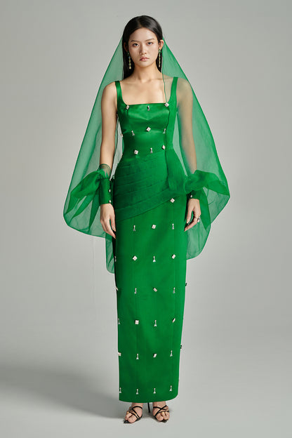 Sylvia Sheath Square Neck Twill Floor Length Dress