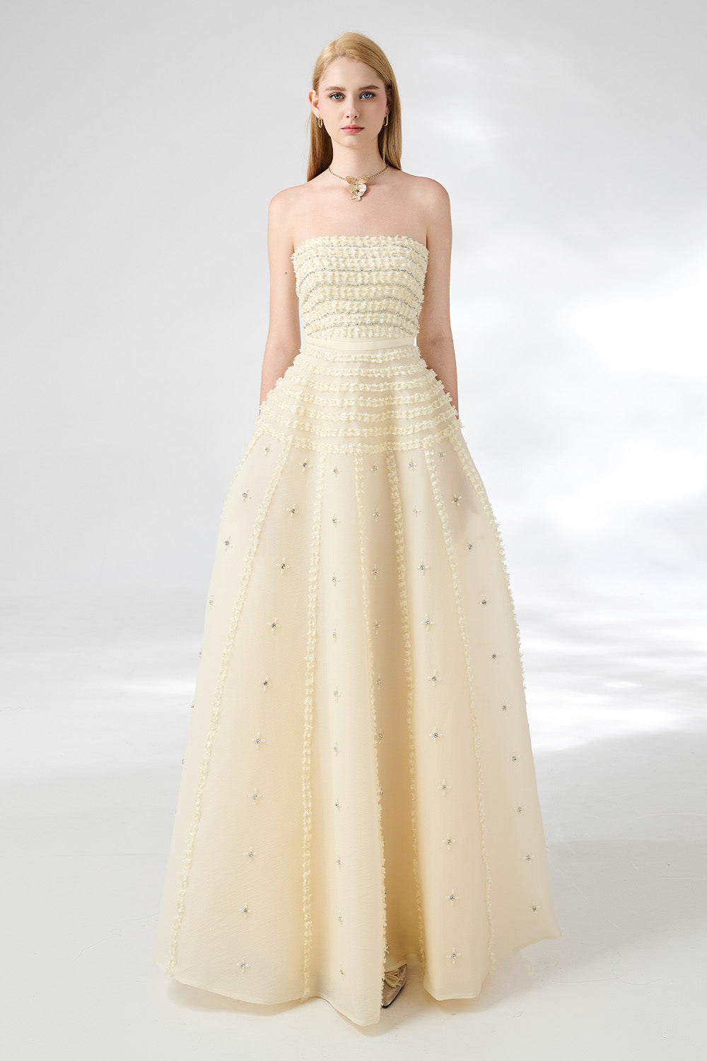 Cline Strapless Stone Organza Floor Length Dress