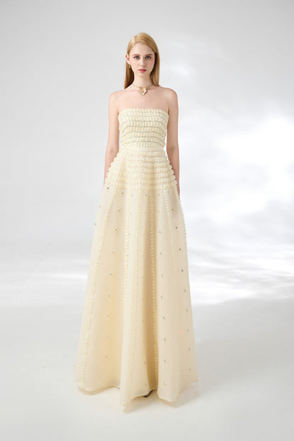 Cline Strapless Stone Organza Floor Length Dress