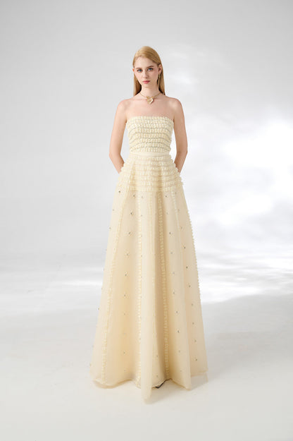 Cline Strapless Stone Organza Floor Length Dress