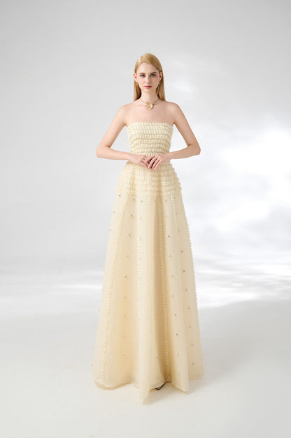 Cline Strapless Stone Organza Floor Length Dress