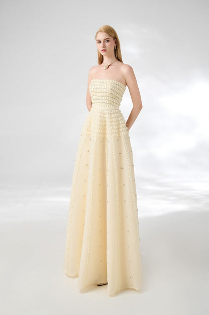 Cline Strapless Stone Organza Floor Length Dress