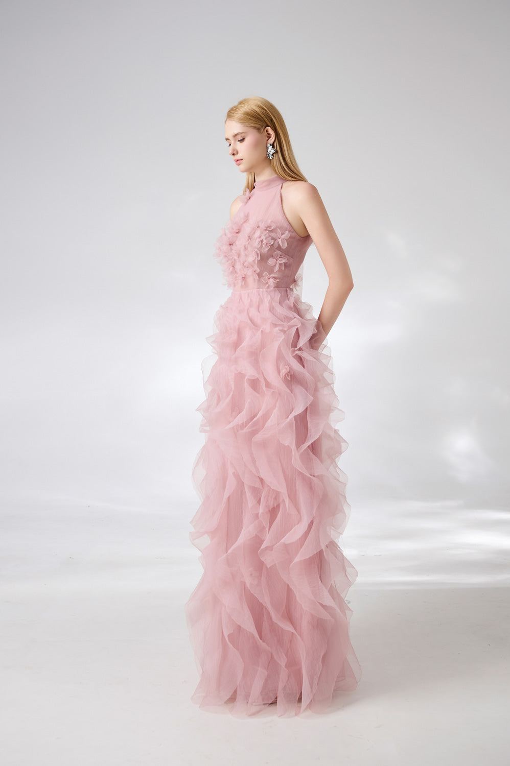 Esteban A-line Flower Applique Organza Floor Length Dress