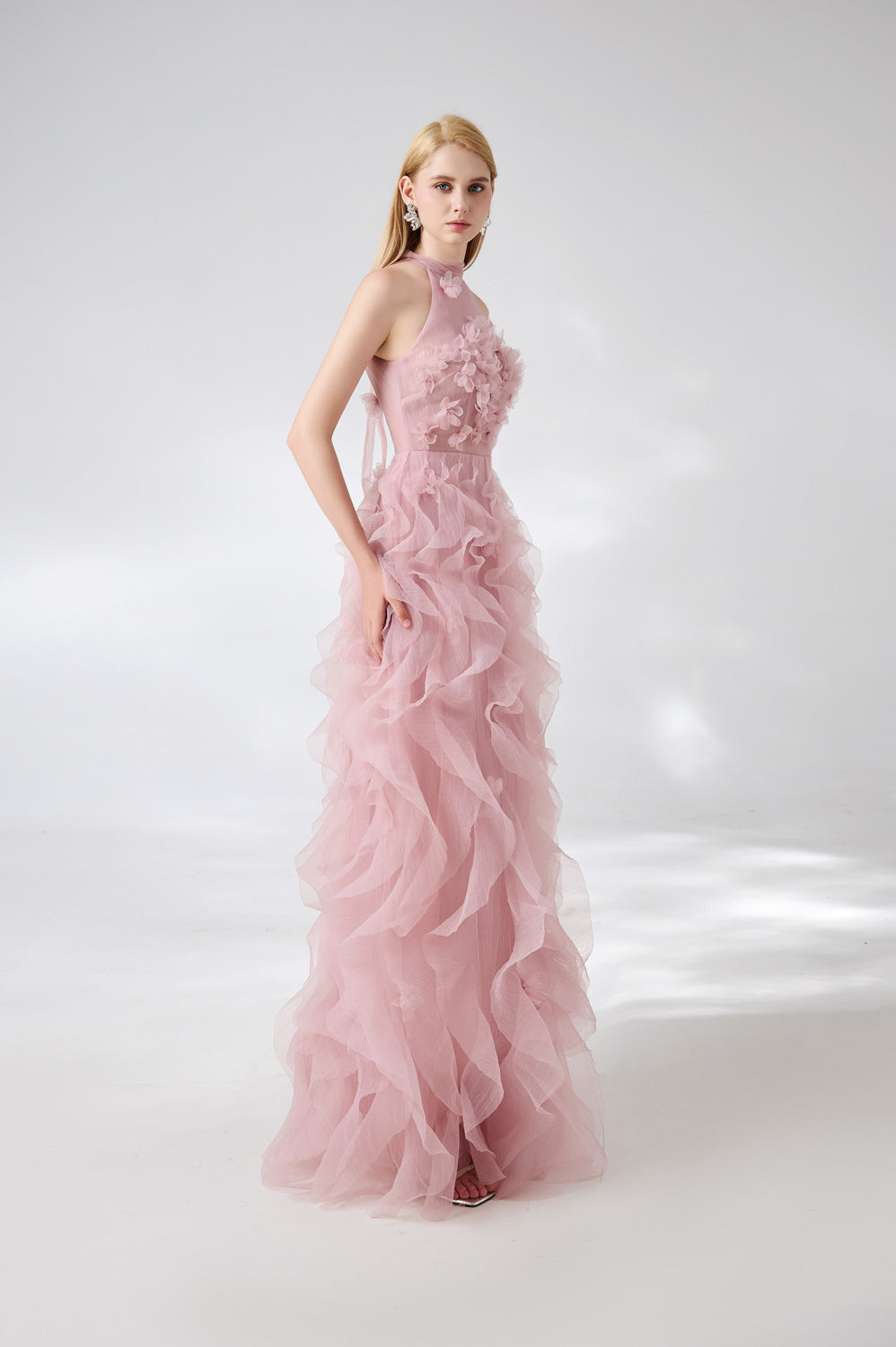 Esteban A-line Flower Applique Organza Floor Length Dress