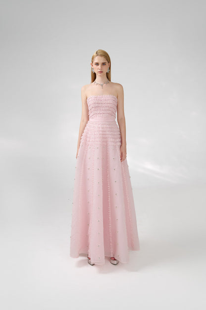 Cline Strapless Stone Organza Floor Length Dress