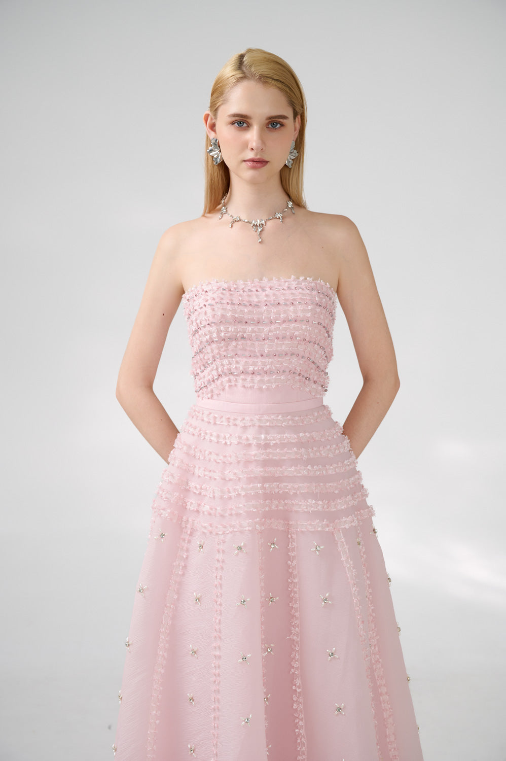 Cline Strapless Stone Organza Floor Length Dress