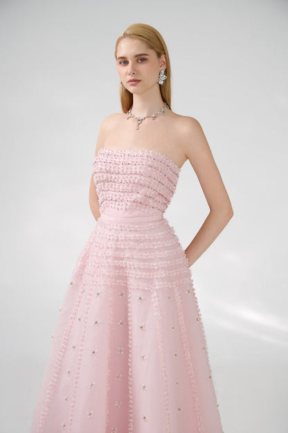 Cline Strapless Stone Organza Floor Length Dress