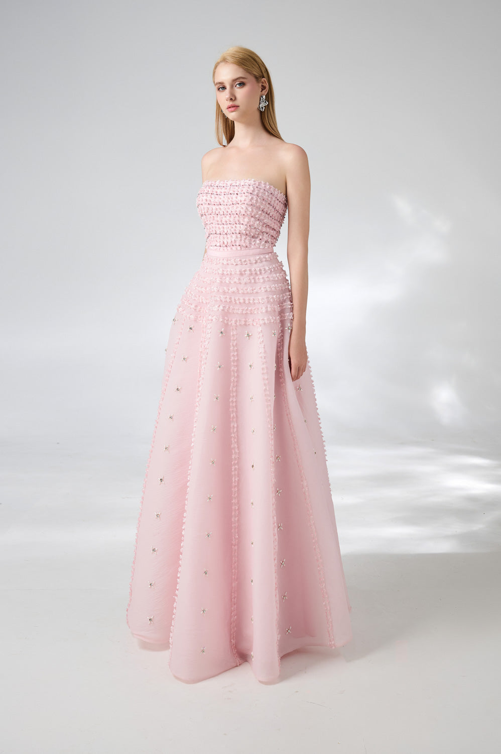 Cline Strapless Stone Organza Floor Length Dress