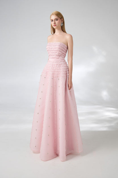 Cline Strapless Stone Organza Floor Length Dress