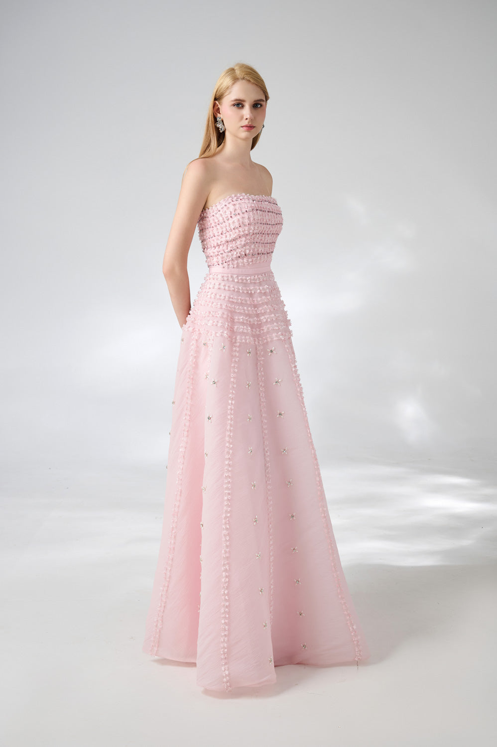 Cline Strapless Stone Organza Floor Length Dress