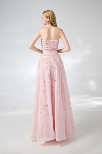 Cline Strapless Stone Organza Floor Length Dress