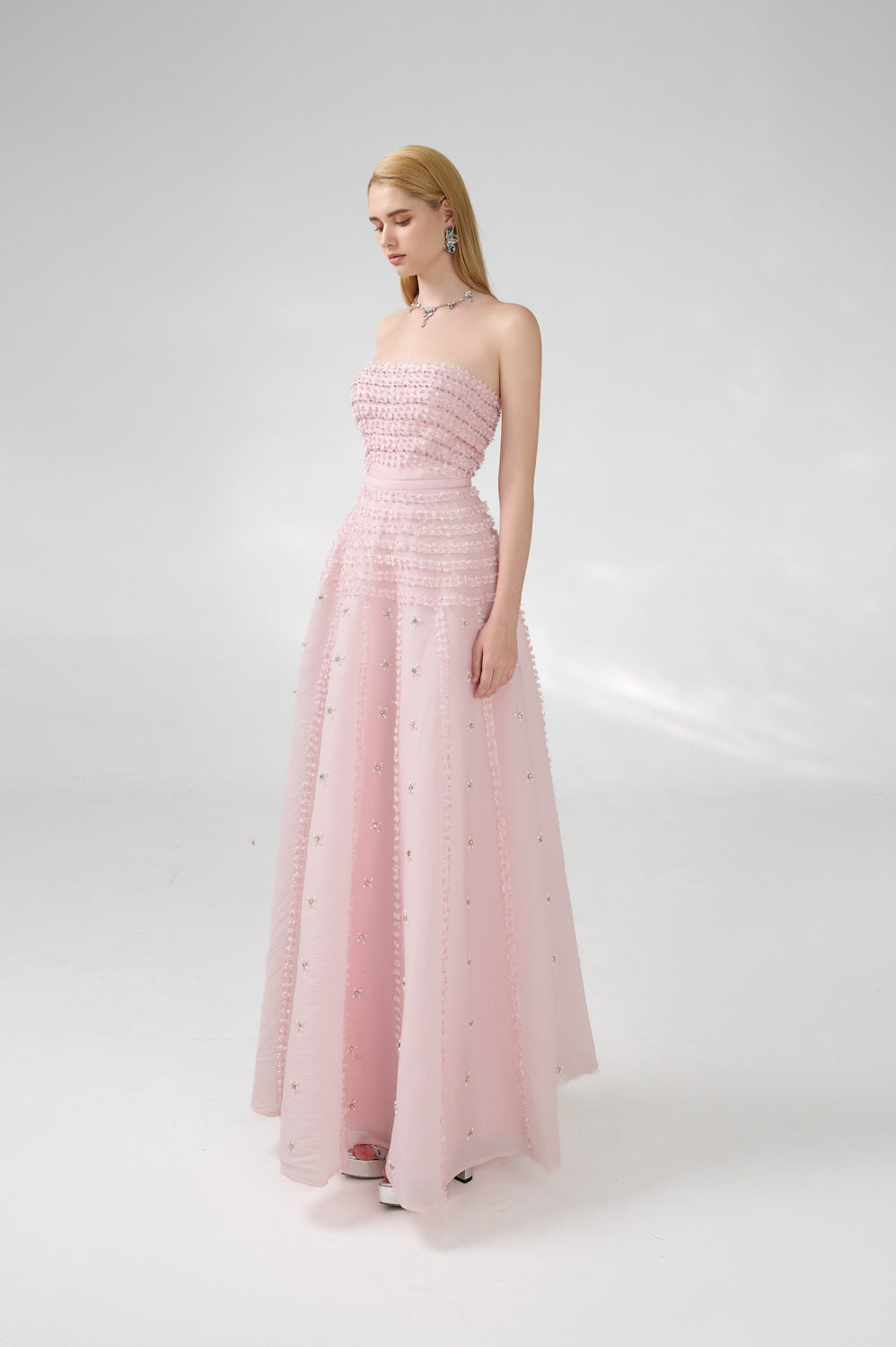 Cline Strapless Stone Organza Floor Length Dress