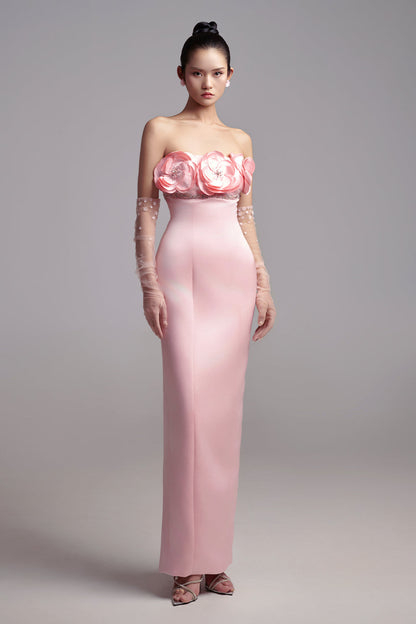 Alexia Sheath Flower Applique Taffeta Maxi Dress