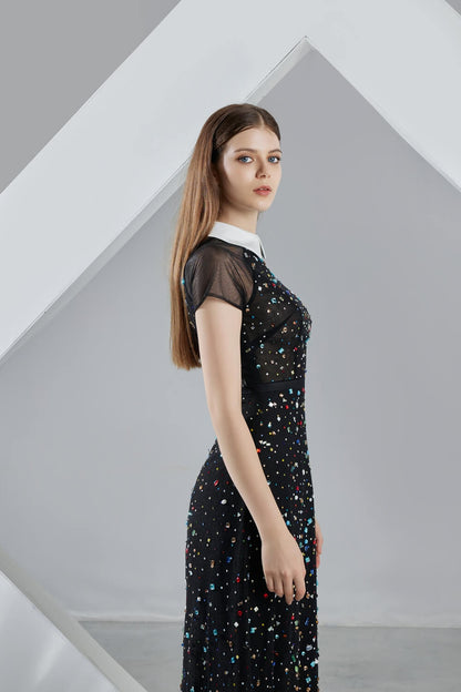 Christina A-line Short Sleeved Mesh Sheer Midi Dress