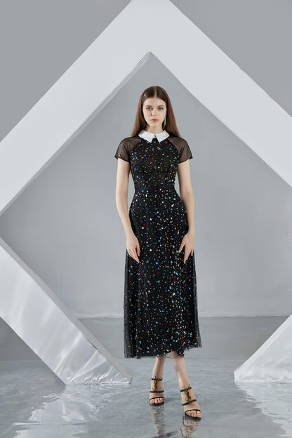 Christina A-line Short Sleeved Mesh Sheer Midi Dress