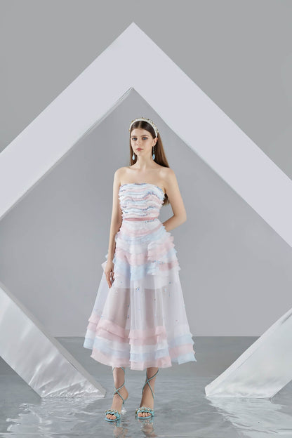Dallas Strapless Layered Organza Midi Dress