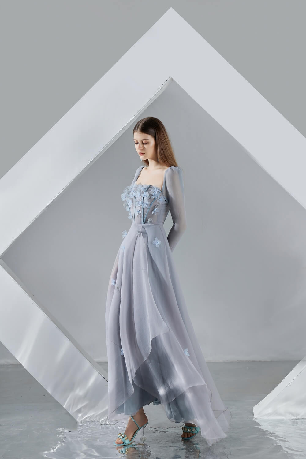 Hayley Flared Long Sleeved Organza Ankle Length Dress