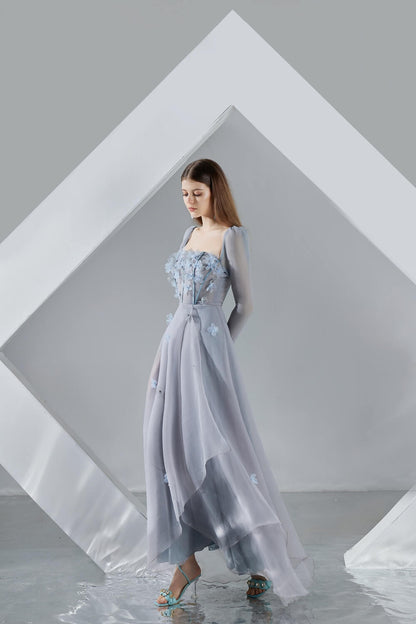 Hayley Flared Long Sleeved Organza Ankle Length Dress