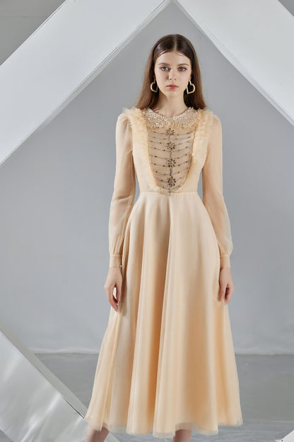 Della Pleated Long Sleeved Organza Midi Dress