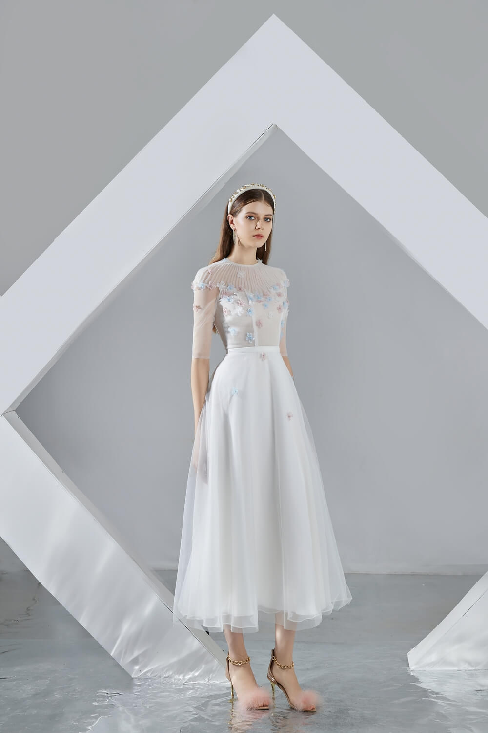 Ashlyn A-line Round Neck Organza Midi Dress