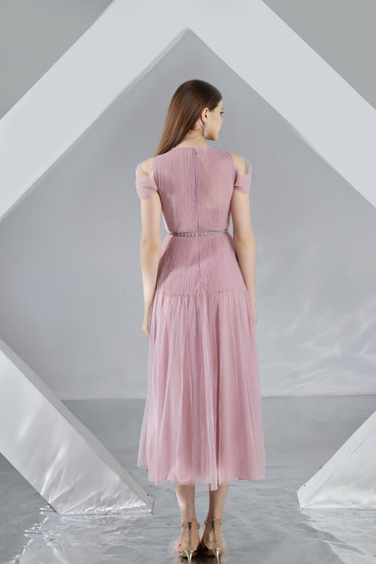 Florence Pleated Puffy Sleeved Organza Midi Dress