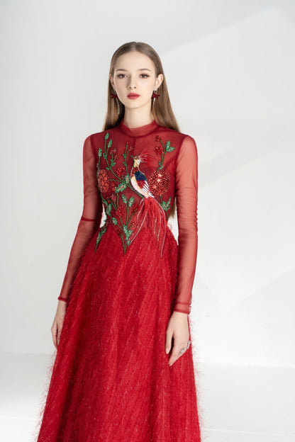 Lena A-line Flower Applique Silk Ankle Length Dress