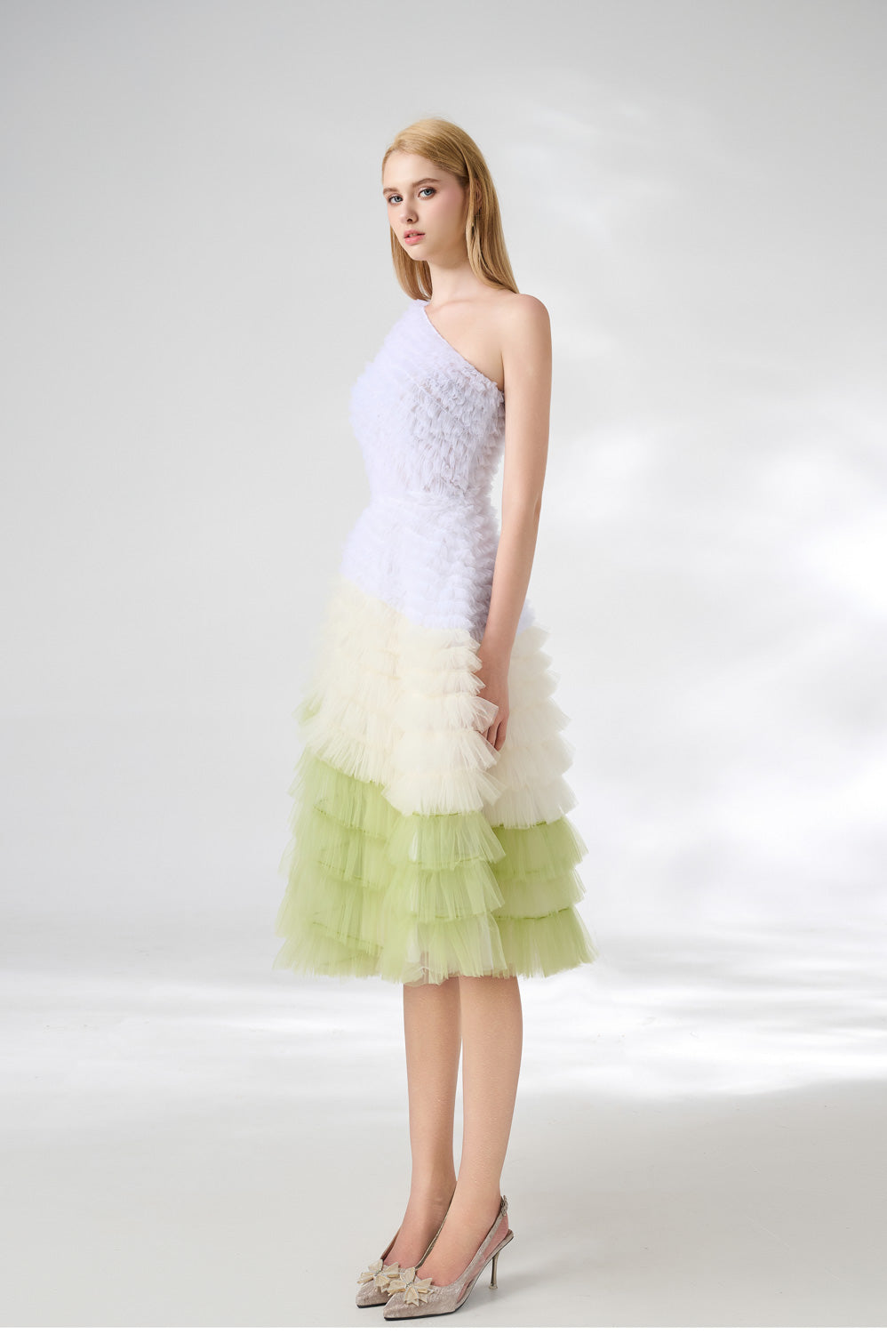 Murphy A-line One Shoulder Organza Below The Knee Dress