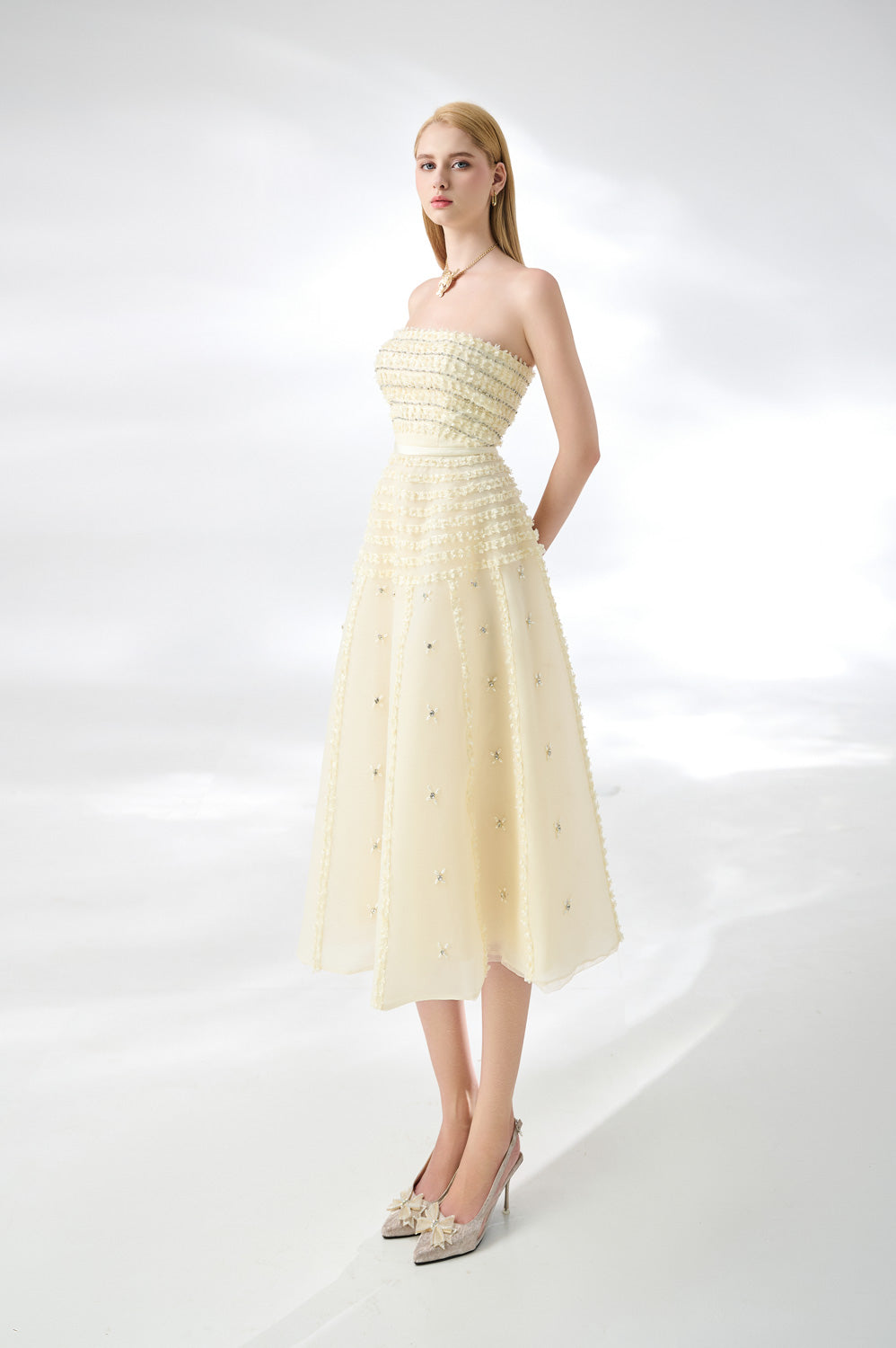 Terry Strapless Stone Organza Midi Dress