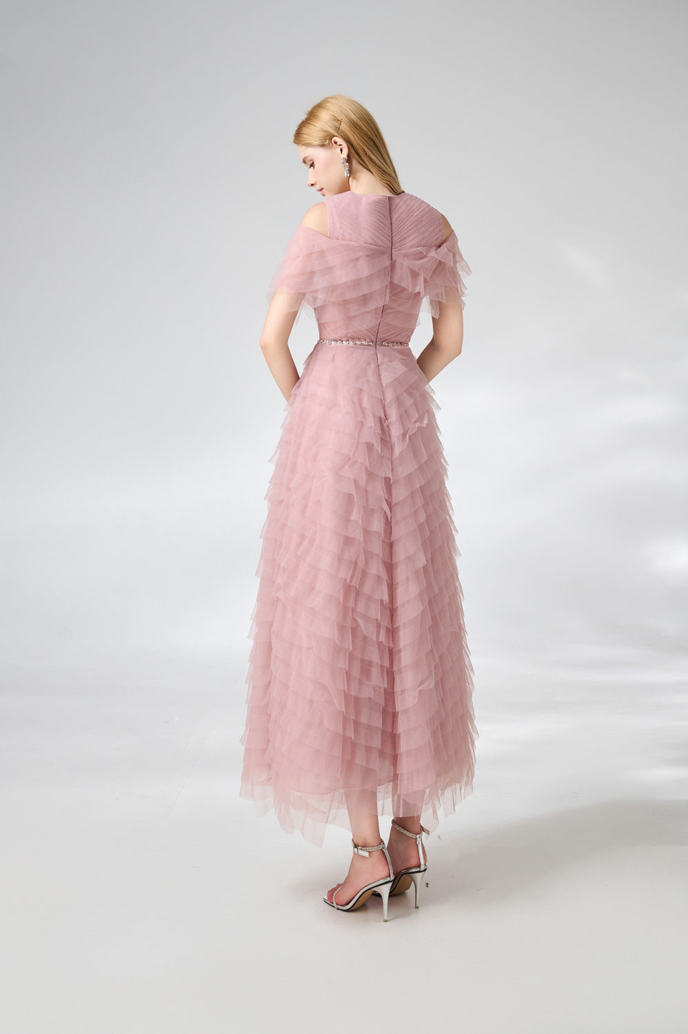 Bowers Layered Round Neck Organza Ankle Length Dress