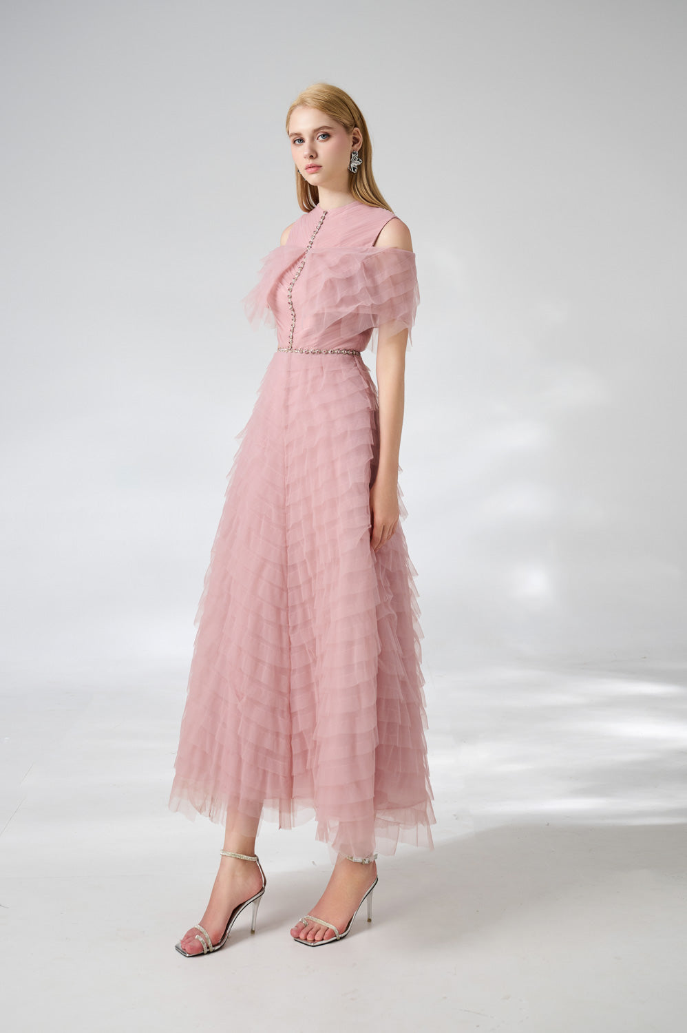 Bowers Layered Round Neck Organza Ankle Length Dress