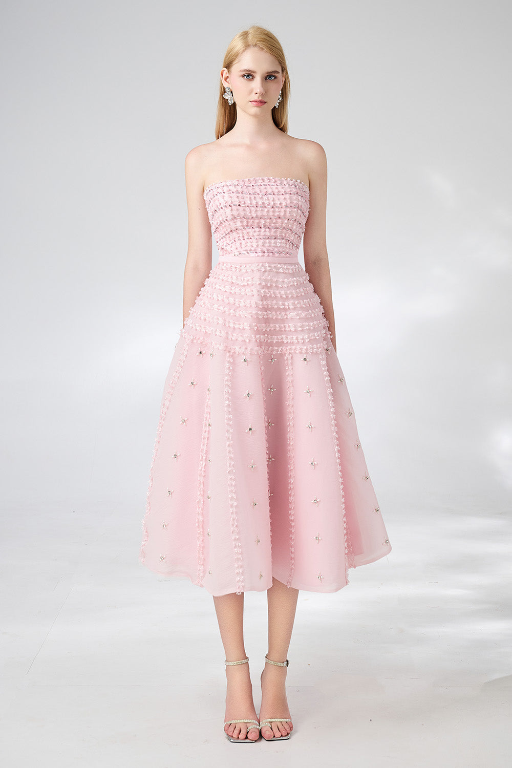 Terry Strapless Stone Organza Midi Dress