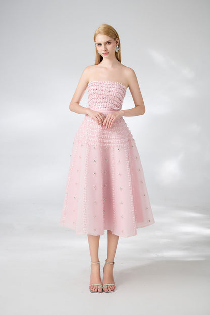 Terry Strapless Stone Organza Midi Dress