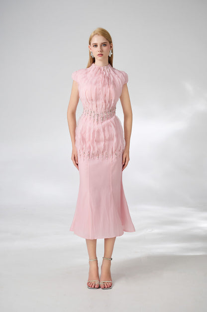 Jabari Trumpet High Neck Organza Midi Dress