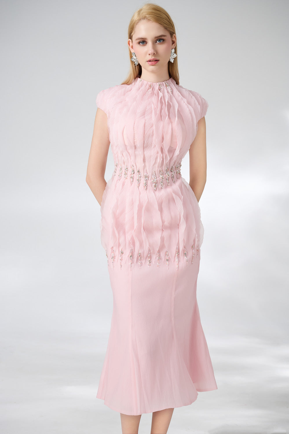 Jabari Trumpet High Neck Organza Midi Dress