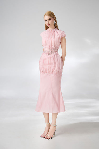 Jabari Trumpet High Neck Organza Midi Dress