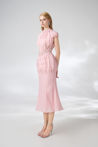 Jabari Trumpet High Neck Organza Midi Dress