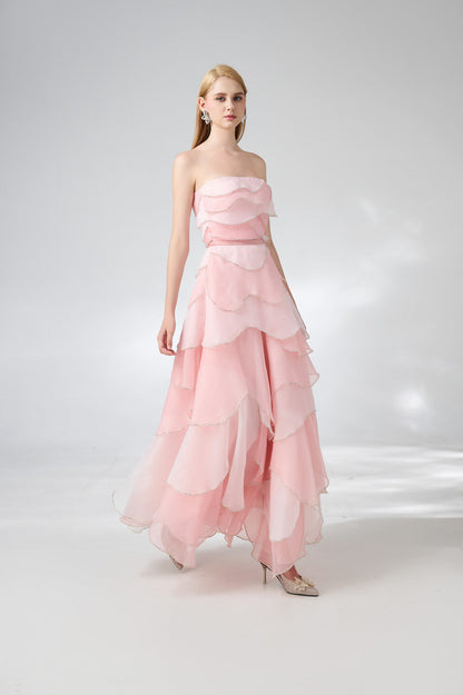 Everlee Strapless Layered Organza Ankle Length Dress