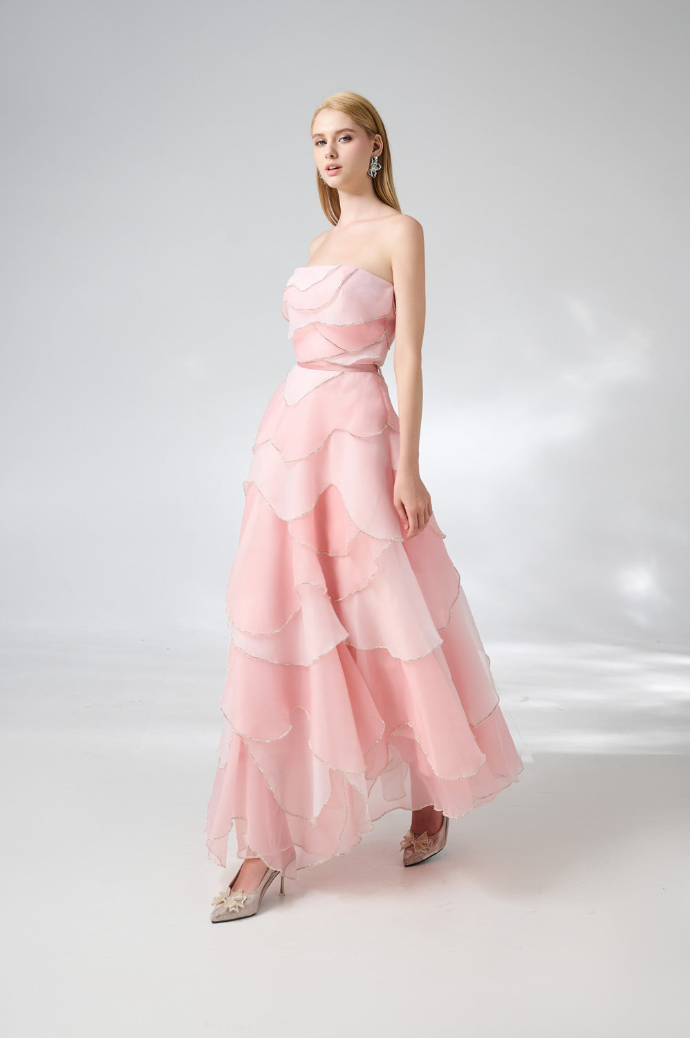 Everlee Strapless Layered Organza Ankle Length Dress