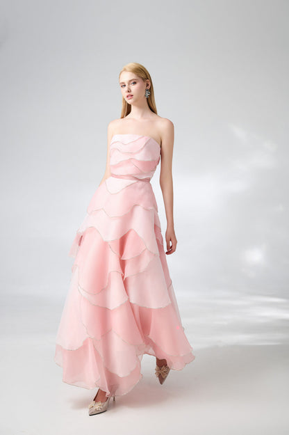 Everlee Strapless Layered Organza Ankle Length Dress