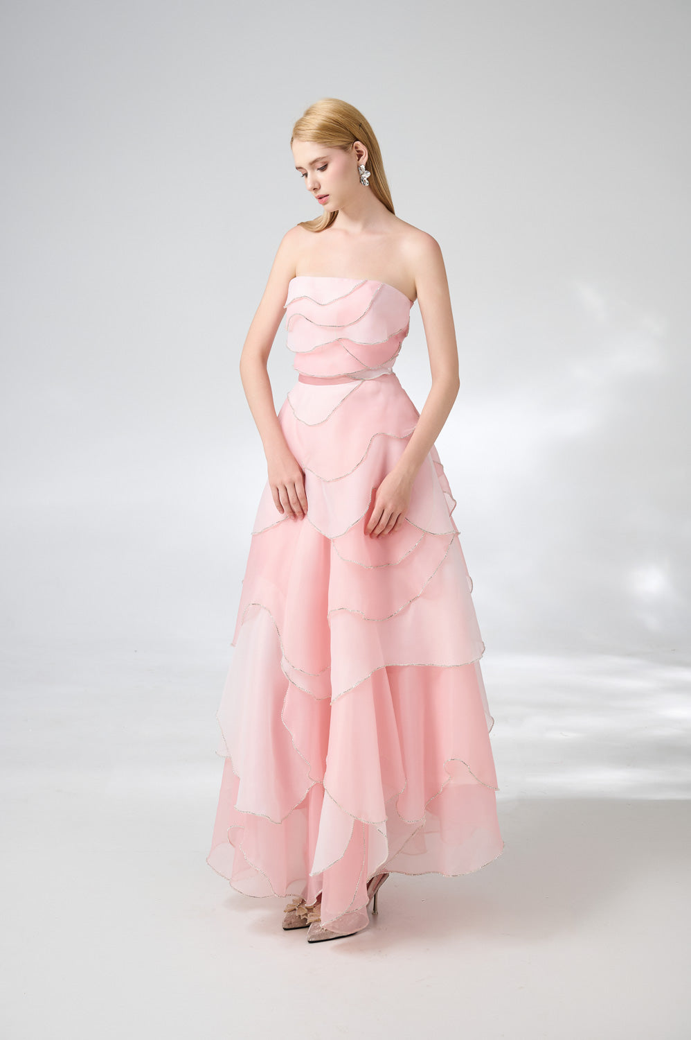 Everlee Strapless Layered Organza Ankle Length Dress