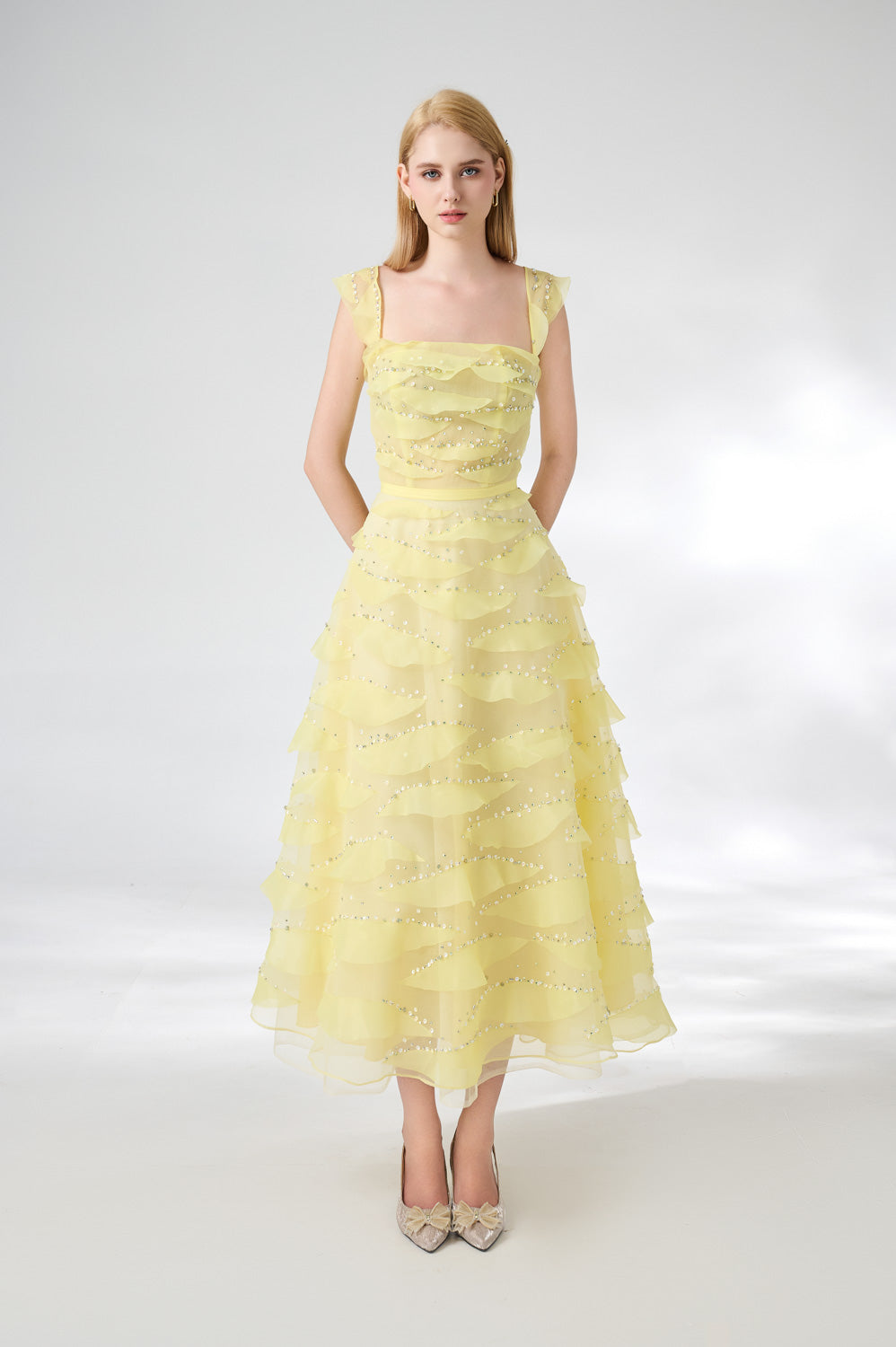 Dillon Fit and Flare Square Neck Organza Midi Dress