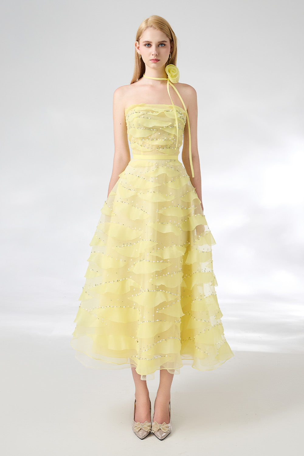 Fatima Fit and Flare Straight Across Neck Organza Midi Dress