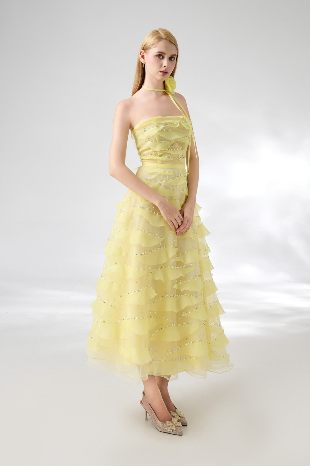 Fatima Fit and Flare Straight Across Neck Organza Midi Dress