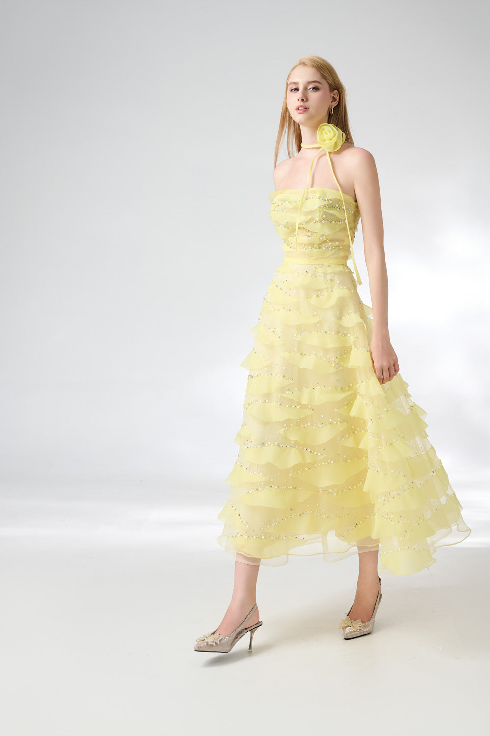 Fatima Fit and Flare Straight Across Neck Organza Midi Dress