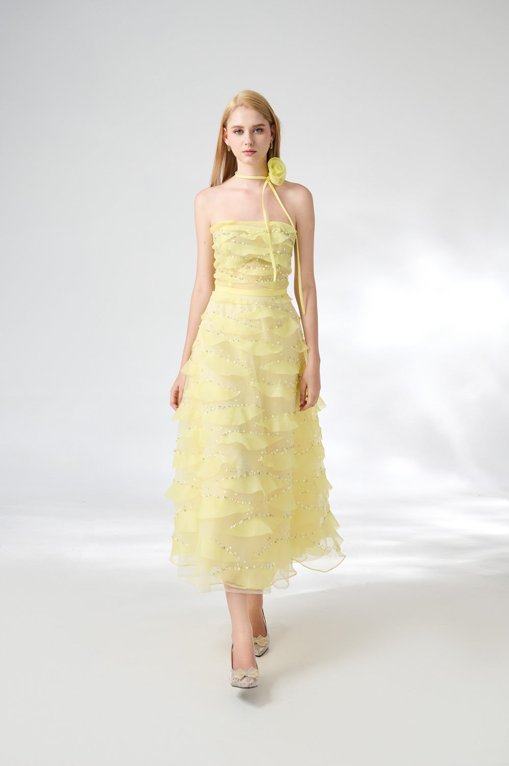 Fatima Fit and Flare Straight Across Neck Organza Midi Dress