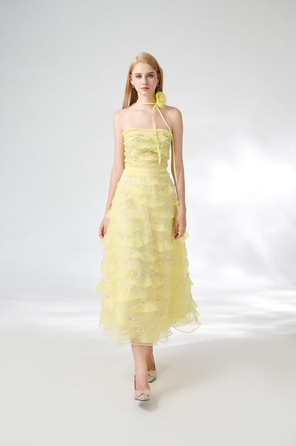 Fatima Fit and Flare Straight Across Neck Organza Midi Dress