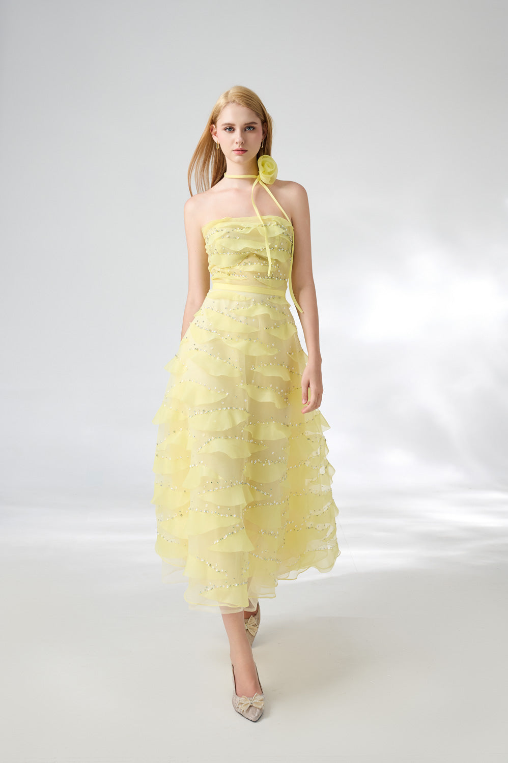 Fatima Fit and Flare Straight Across Neck Organza Midi Dress