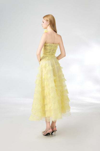 Fatima Fit and Flare Straight Across Neck Organza Midi Dress